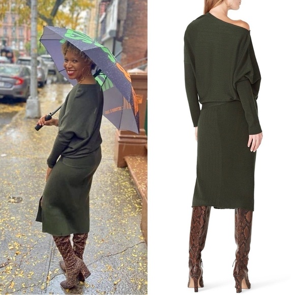 VICTOR ALFARO Rib Knit Off Shoulder Long Sleeve Midi Side Slit Sweater Dress XL - Picture 2 of 8